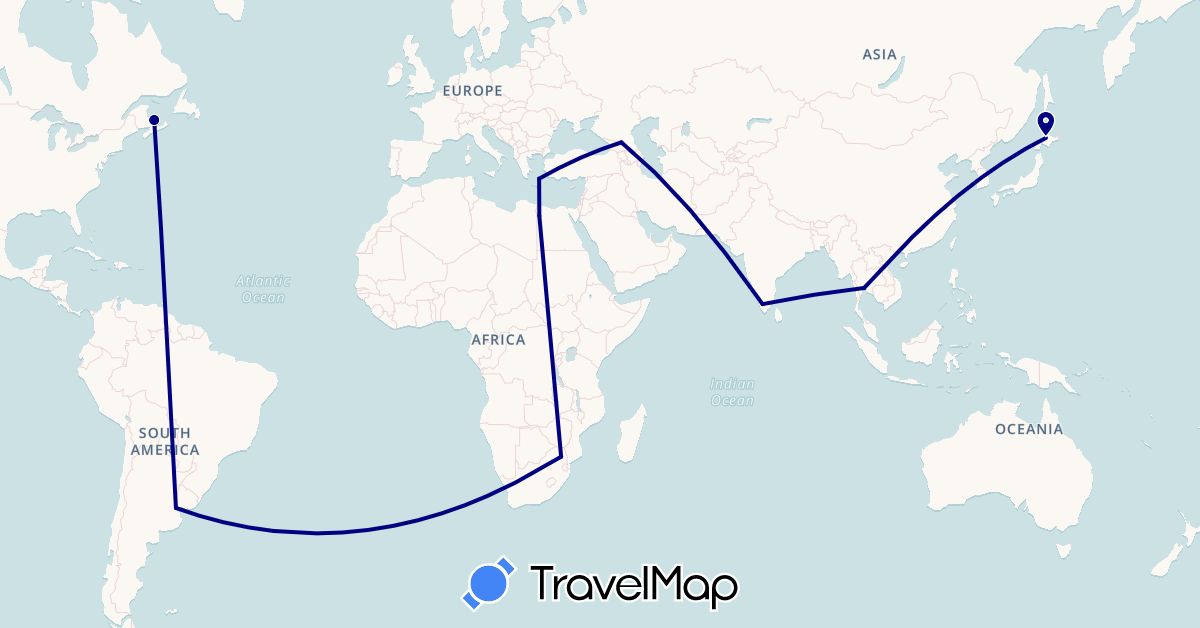 TravelMap itinerary: driving in Argentina, Canada, Egypt, Greece, India, Japan, Russia, Thailand, South Africa (Africa, Asia, Europe, North America, South America)